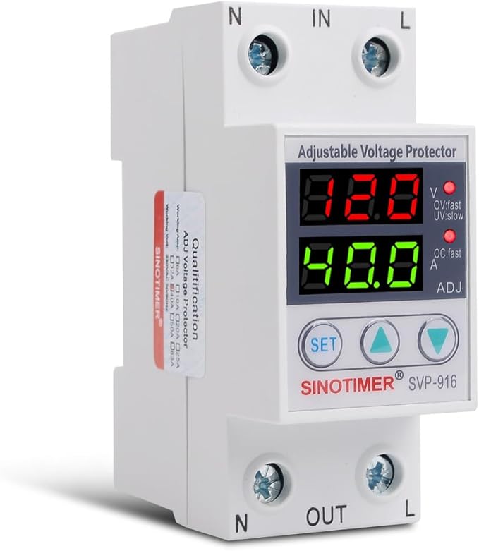 Adjustable Voltage Protector SINOTIMER Surge Protective Relay with 2 LED Displays Overvoltage and Undervoltage Current Limit Devices, 40A Load(Economical), Used in AC120V Residential