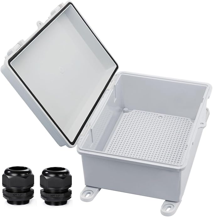 Waterproof Outdoor Electrical Box Junction Box Weatherproof IP67 ABS Plastic Enclosure Switch Router Project Box with Mounting Plate with Wall Bracket 2 Cable Glands Grey 8"x6"x4.3"