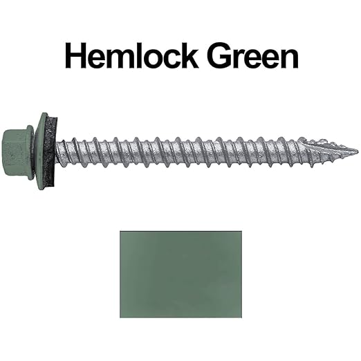 Metal Roofing Screws: (250) 10 x 2 Hemlock Green Hex Head Sheet Metal Roof Screw. Self Starting Metal to Wood siding Screws. EPDM Washer. Colored Head
