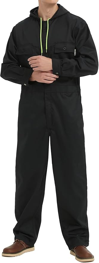 Mens Cotton Blend Long Sleeve Coverall Multi Pockets Zip Overall Mechanic Work Jumpsuit with Hood