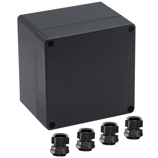 Junction Box IP65 Waterproof ABS Plastic Electrical Project Case Power Junction Boxes, Project Box with 4 PCS M16 Cable Glands 4.72x4.72x3.54 inch (120 x 120 x 90 mm)