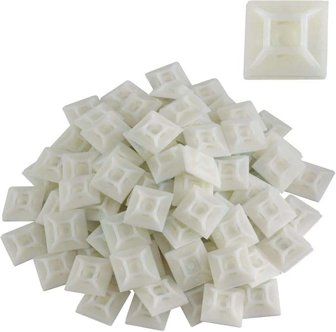 GTSE 100 Pack White Zip Tie Mounts, 1" Adhesive Mounting Squares, Cable Tie Mount, Cable Clips Organizer Holders, Zip Tie Anchor for Wire Bundles, UV Resistant Tie Wrap Bases