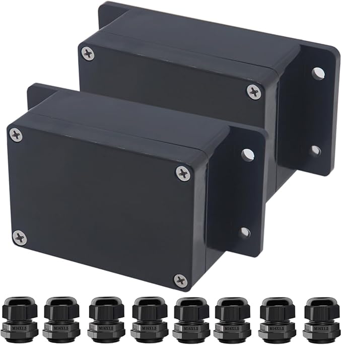 Project Box ABS Black Electrical Boxes IP67 Outdoor Waterproof Junction Box Electronic with Mounting Ears Includes Cable Glands for DIY Project 3.9 x 2.7 x 2 inch (100x68x50mm)