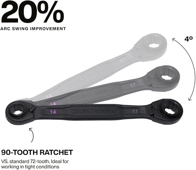 KLEIN TOOLS 68216M 4-in-1 Reversible Ratchet Wrenches Set, 2-Piece, Eight Metric Hex Sizes, 8mm x 10mm, 12mm x 13mm, 14mm x 15mm, and 17mm x 19mm Box Wrench Set, 90-Tooth Ratchet, Pass-Through Design