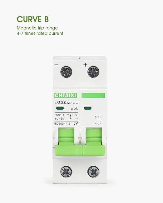 12V-110V DC Miniature Circuit Breaker, 50 Amp 2 Pole Battery Breaker Protector for Solar PV System and RV, Thermal Magnetic Trip, DIN Rail Mount, Chtaixi DC Disconnect Switch B50