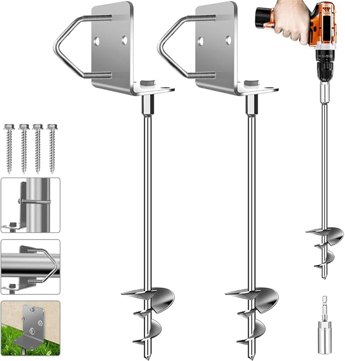Ground Anchors Shed Anchors 14" Set of 2 Trampoline Stakes Screw in Heavy Duty Mobile Home - Storage Shed Anchor Kit - Playset Swing Anchors - Stakes for Fence,Carport,Garden (Silver, 2 x 14in)