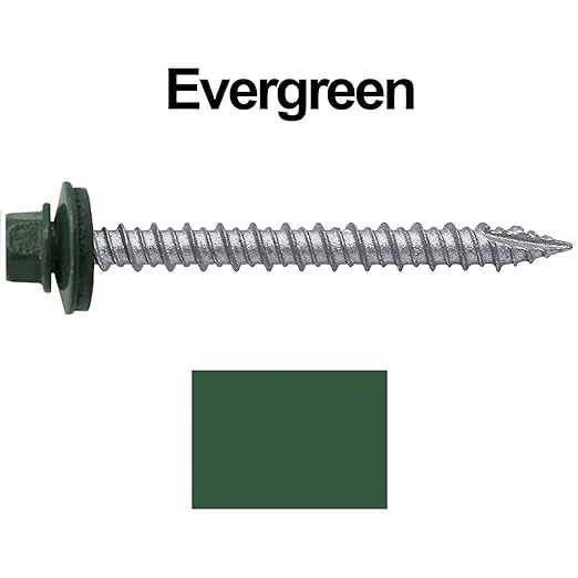 Metal ROOFING SCREWS: (250) 10 x 2" Evergreen Hex Head Sheet Metal Roof Screw. Self starting metal to wood siding screws. EPDM washer. Colored head