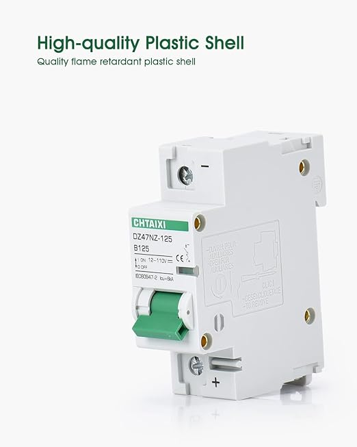 12V-110V DC Miniature Circuit Breaker, 125 Amp 1 Pole Battery Breaker Protector for Solar PV System and RV, Thermal Magnetic Trip, DIN Rail Mount, High Current DC Disconnect Switch MCB 1P B125