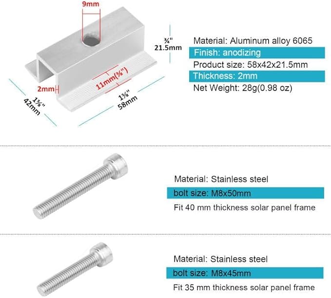 20 Pack Solar Panel Mid Clamps, Roof PV Panel Rail Aluminum Mounting Bracket Fits 1.2" - 2" Thick Solar Panel Frame