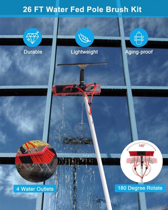 26ft Solar Panel Cleaning Brush & Squeegee, 2 Dusting Brush, Lightweight & Extendable Poles, Water Fed Poles Kit for Roof Window Greenhouse