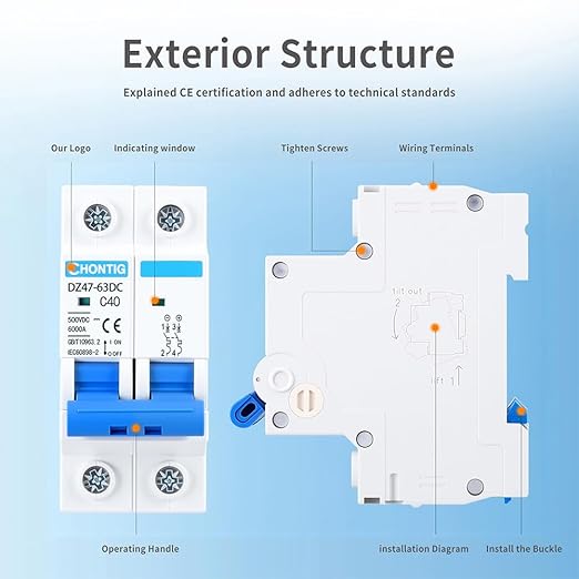 40 Amp Miniature DC Circuit Breaker 500V 2 Pole, Solar PV Disconnect Switch with Thermal Magnetic Trip, DIN Rail Mount Isolator C40