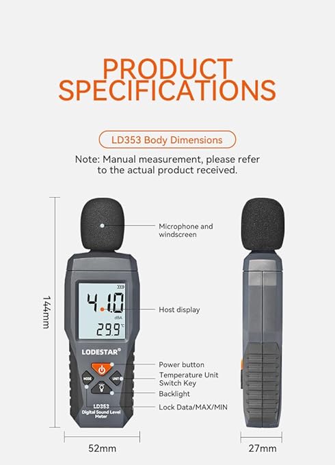 Decibel Meter, LD353 Digital Sound Level Meter with Backlit LCD Screen Auto Power off, 30-130dB Portable Audio Noise Volume Measure Device Sound Meter, Max/Min, Data Hold, Use for Home, Office, School