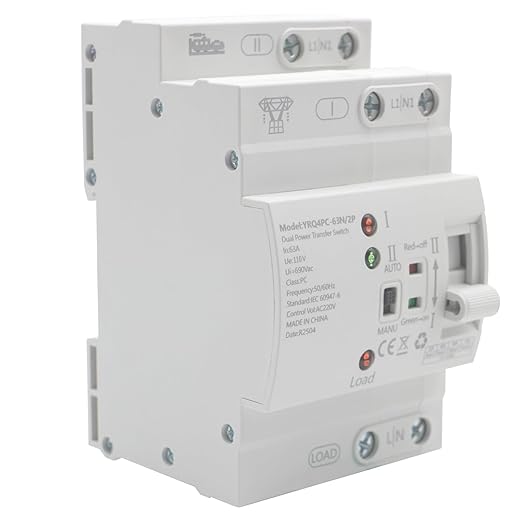 Mini ATS Automatic Transfer Switch 2P 63A 110V, Dual Power Auto/Manual Changeover for Generator/UPS/Solar – DIN Rail Mounted Uninterruptible Power Controller for Home RV Backup, 50/60Hz CE Certified
