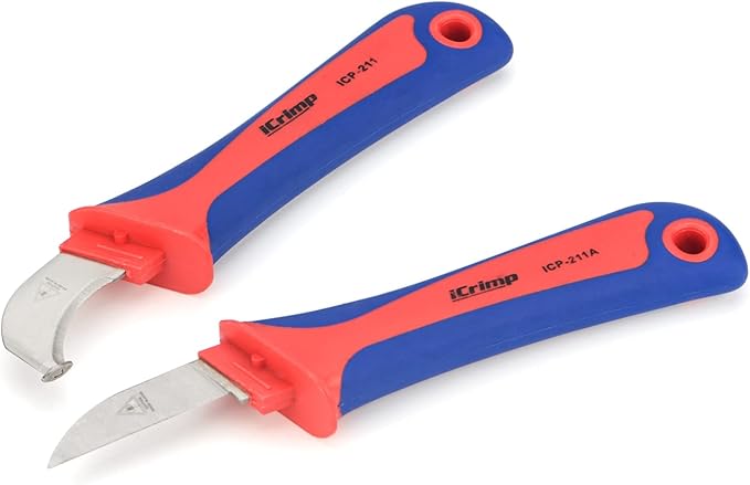iCrimp Utility Knife for Cable Skinning, Wire Insulation Dismantling Knife, 2-Pack Insulated Electricians Cable Stripping Knives, Fixed Blade