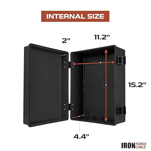 Iron Forge Cable Waterproof Junction Box Extra Large - Outdoor Enclosure with Accessories, Hinged Black Panel Cover - IP65, 16"x 12"x 7.2"Inch