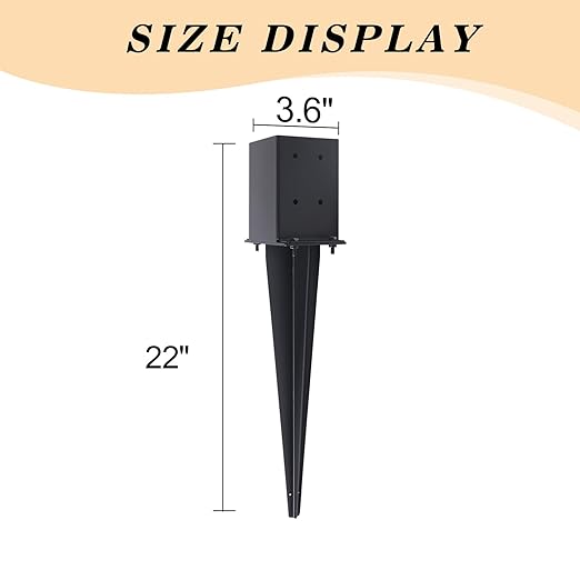 1 Pcs 4"x4" Fence Post Anchor Ground Spike,(Internal 3.6"x3.6"),Metal Post Stake Ground 22" with Black Powder-Coated,Fence Stakes Post Base for Deck,Fence,Porch,Railing,Mailbox