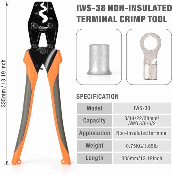 iCrimp Crimper for AWG 8-2 Works for Non-Insulated Terminals and Butt/Splice/Open/Plug Connectors for Auto Electrical,Marine,Motorcycle Wiring Repairs,Loom Assembly