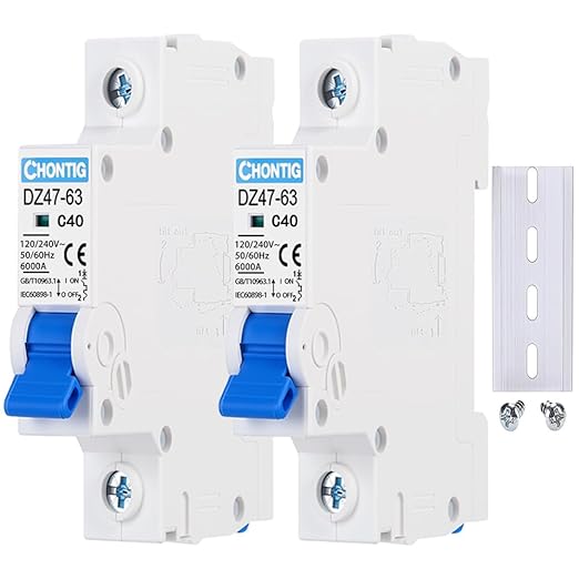 MCB C40 40A Miniature 1 Pole Circuit Breaker 2 Pack with DIN Rail Mount, 120V/240V AC Protection for Solar Panels, RV Power Center, Home Electrical Systems