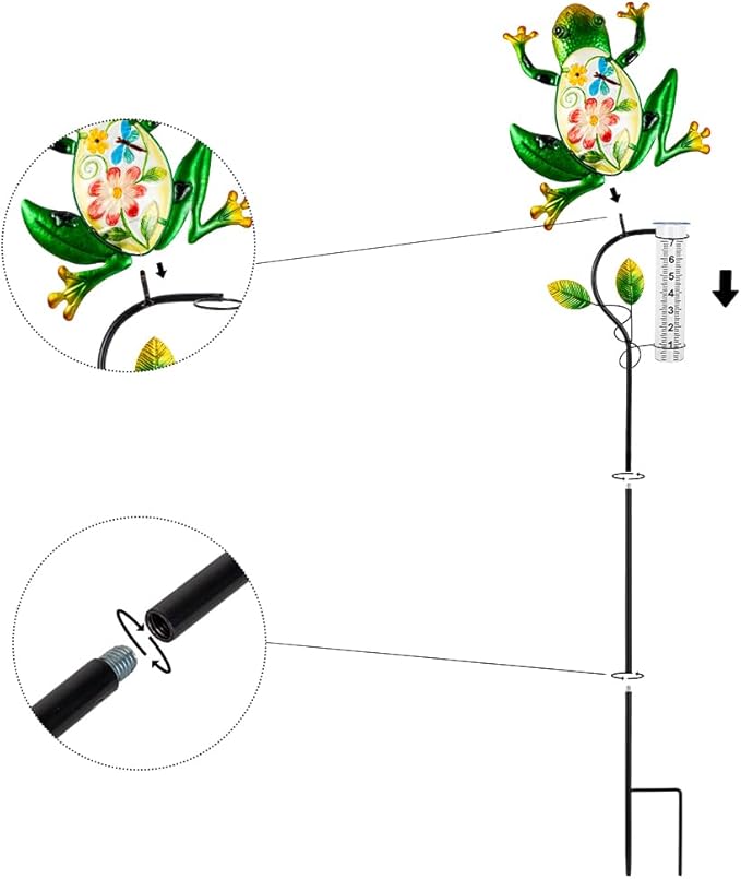 Solar Rain Gauge Outdoor, Frog Rain Gauge, 7 Inch Tube Decorative Rain Measure Gauge with Metal Stake, Solar Powered Stained Glass Rain Measure Tool for Garden