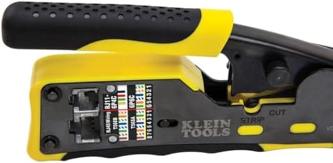 Klein Tools VDV226-110 Ratcheting Modular Data Cable Crimper / Wire Stripper / Wire Cutter for RJ11/RJ12 Standard, RJ45 Pass-Thru Connectors