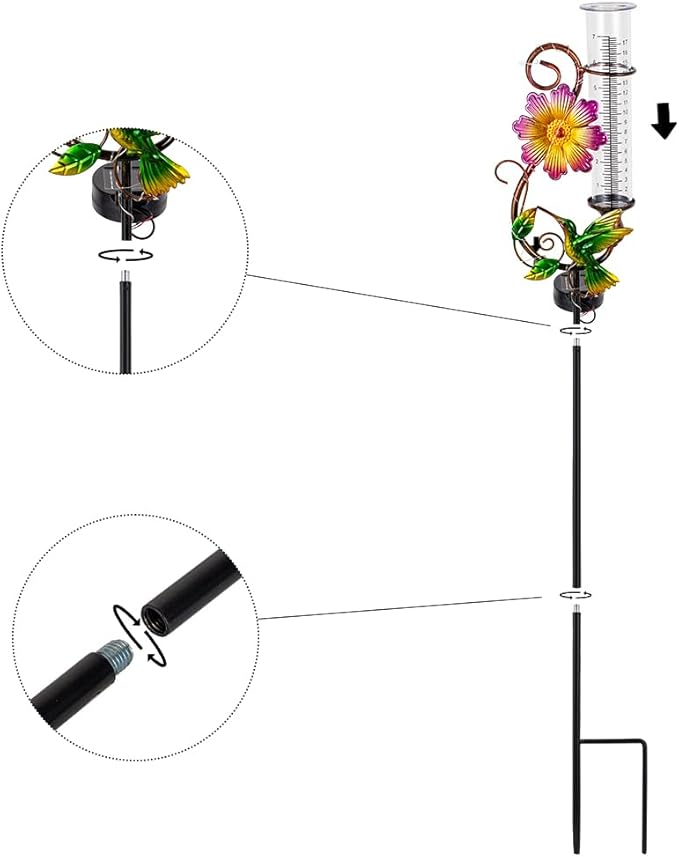 Hummingbird Rain Gauge Outdoor, Solar Rain Gauge, Metal Rain Measure Gauge with 7 Inch Tube, Decorative Color Lights Rainfall Measurement for Yard