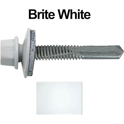 12 x 1-1/2" Brite White Type 5 Drill Point Roofing Screws - Hex Washer Head - Self-Starting/Tapping - EPDM Washer 1 x 250 Count Bag - 250 Screws
