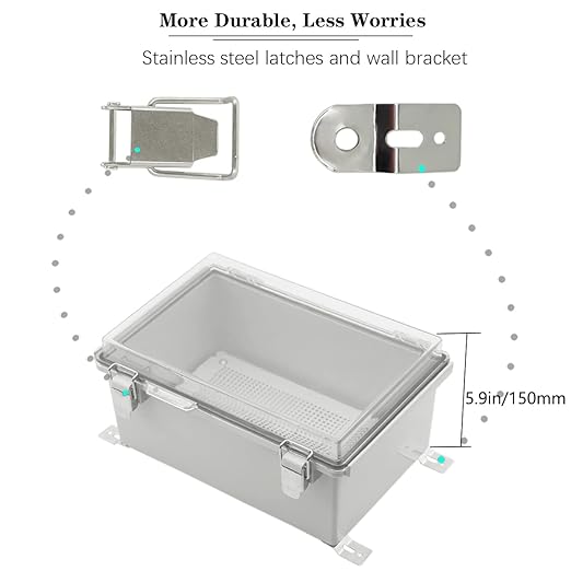 Zulkit Junction Box IP67 Waterproof Electrical Box Hinged Clear Cover Stainless Steel Latch Plastic Enclosure for Project w Mounting Plate Wall Bracket and 2 Cable Gland 13.8"x9.8"x5.9"/350x250x150mm