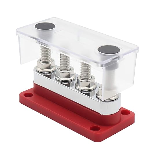 Heavy Duty BusBar Copper Power Distribution Block 12V-48V 600A with 4X 3/8" Posts Terminal, Marine Bus Bar, High Current DC Battery Buss Bar with Cover for Car RV Solar Trucks Yacht, Red