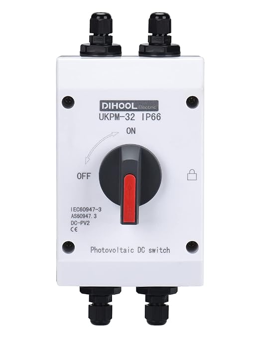 DIHOOL Solar Disconnect Switch,32 Amp DC1200V 4P Isolator,IP66 Outdoor,Cable Glands for 7-13 AWG Wire
