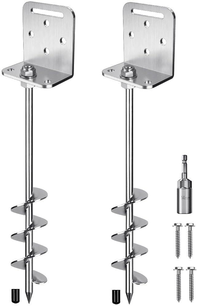 24'' Ground Anchors Screw in Earth Anchor 10mm Solid Steel with L Bracket for Trampoline Shed Carport, 2" Helix Blade & Chrome Plated Finish