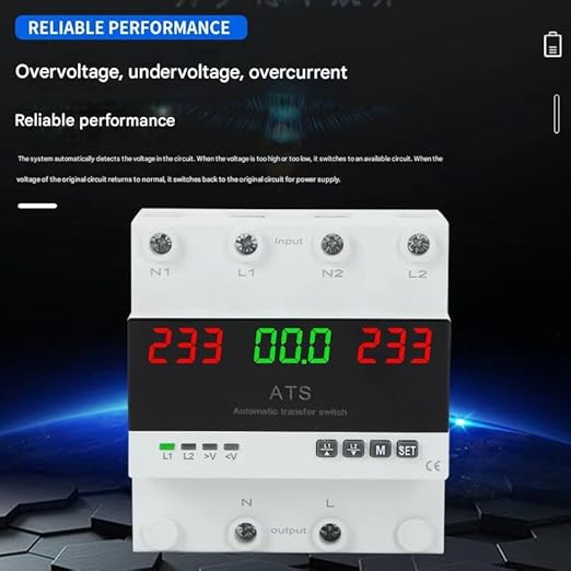 63A 2P 110V Automatic/Manual Transfer Switch, ATS with Led Display, L1 Priority, Din Rail Mount for Generator & Mains Power