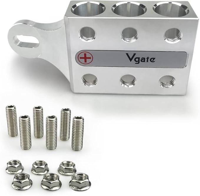 Vgate 12-Way Post Terminal Distribution Block Bus Bar, 8AWG up to 4/0(XL) AWG Gauge, for Lithium or AGM Lead Acid Battery with Bolt Down Ends or Threaded Studs, M6 or 1/4”-20