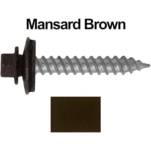 Metal Roofing Screw: (250) 12 x 1-1/2" Mansard Brown Hex Sheet Metal Roof Screw. Sharp Point Metal to Wood siding Screws. 5/8" EPDM Washer.