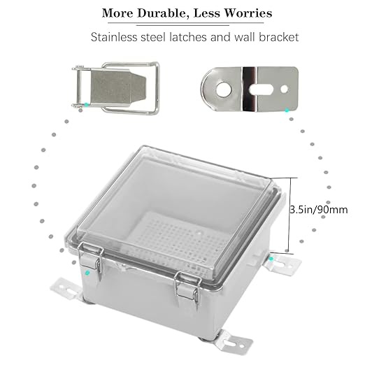 Zulkit Junction Box IP67 Waterproof Electrical Box Hinged Clear Cover Stainless Steel Latch Plastic Enclosure for Project w Mounting Plate Wall Bracket and 2 Cable Gland 5.9"x5.9"x3.5"/150x150x90mm