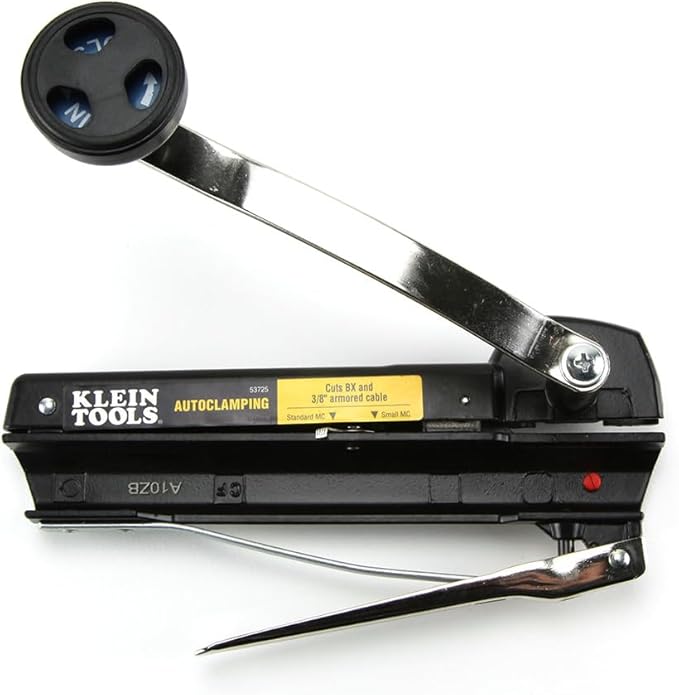 Klein Tools 53725 Armored and BX Cable Cutter, Cuts Up to 3/8 Inch Armored Cable-BX-AC-MC-MCAP-Greenfield, With Storage and Extra Blades