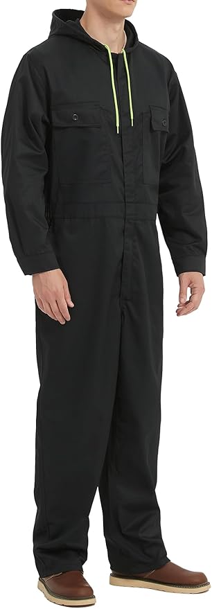 Mens Cotton Blend Long Sleeve Coverall Multi Pockets Zip Overall Mechanic Work Jumpsuit with Hood