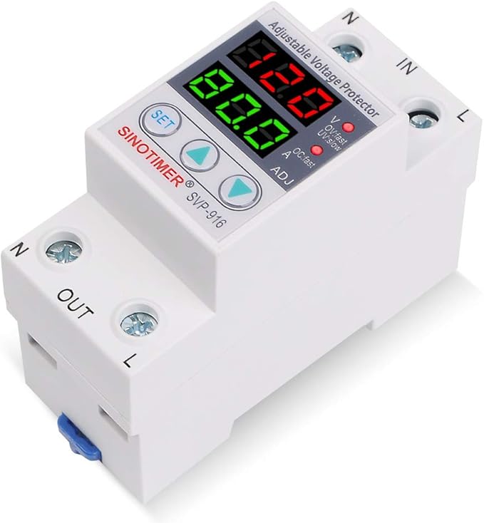 SVP916 SINOTIMER Dual LED Display 120VAC 80A Adjustable Voltage Surge Protector Relay with Limit Current Protection, Din Rail Installation in DB Home Usage (Green Display)