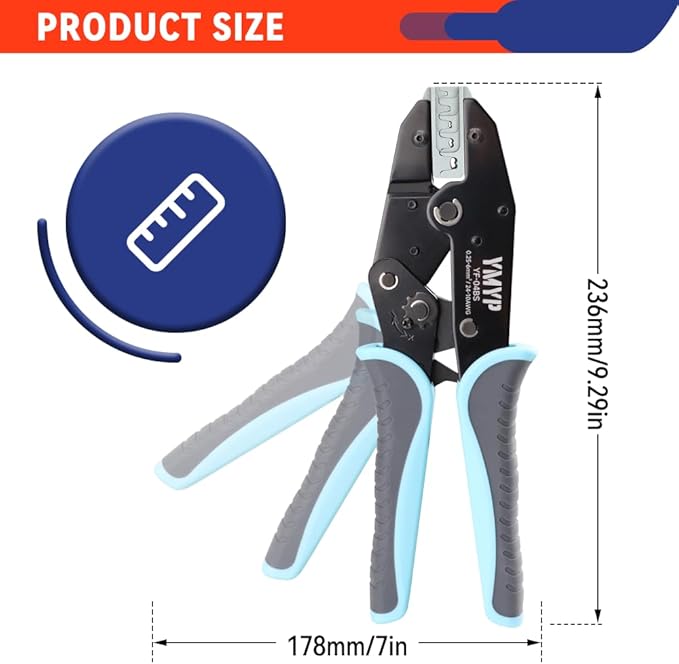 Crimping Tool for Open Barrel Terminals JST Molex TE Connectors - 24-10 AWG (0.25-6mm²) with Wire Cutting Jaw - Ratcheting Wire Crimper