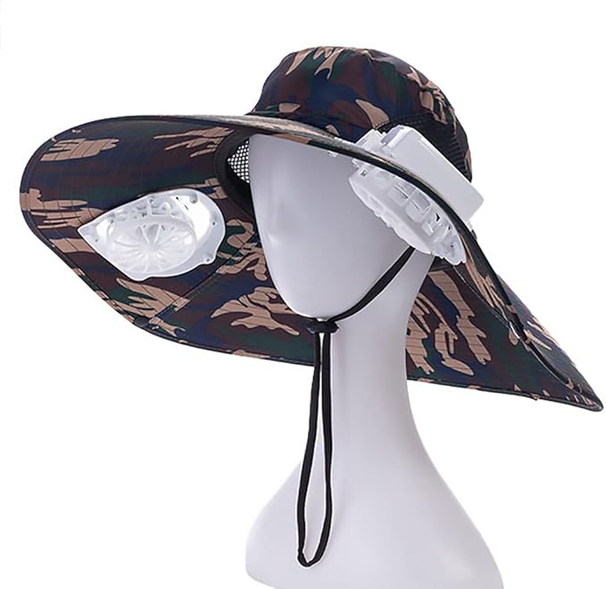 Mens Sun Hat with 2 Fan, Summer Cooling Wide Brim Bucket Hat, Beach Hat Garden Hat, Solar + USB Dual Power Supply