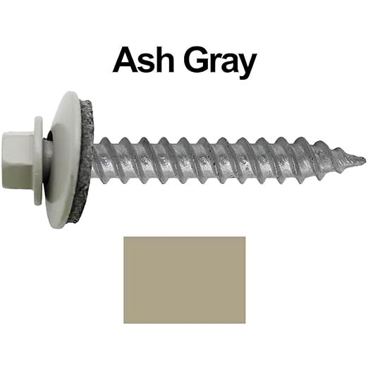 Metal Roofing Screw: (250) 12 x 1-1/2" ASH Gray Hex Sheet Metal Roof Screw. Sharp Point Metal to Wood siding Screws. 5/8" EPDM Washer.
