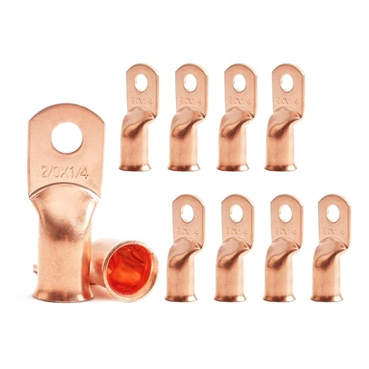 10Pcs 2/0 AWG 1/4" Stud Heavy Duty Battery Ring Terminal 2/0 Gauge Wire Connectors 2/0 AWG Battery Cable lugs 1/4 Bare Copper Wire Lugs