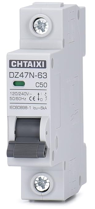 AC Miniature Circuit Breaker, 50 Amp 120V/240V 1 Pole DIN Rail Mount Circuit Breaker, Thermal Magnetic Trip, Solar AC Disconnect Switch MCB C50