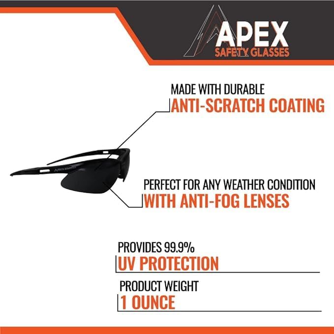Malta Dynamics APEX Safety Glasses – Anti Scratch and Anti Fog Protection, Construction Safety Glasses for Men and Women, ISEA & ANSI Z87 Compliant (Tinted, 36 Pairs)