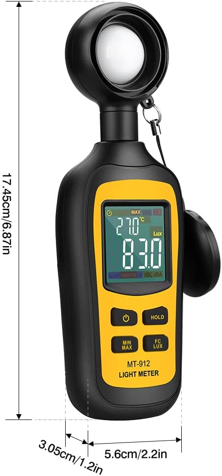 Light Meter Digital Illuminance Meter Handheld Ambient Temperature Measurer, Range up to 200,000 Lux, Luxmeter with 4 Digit Color LCD Screen