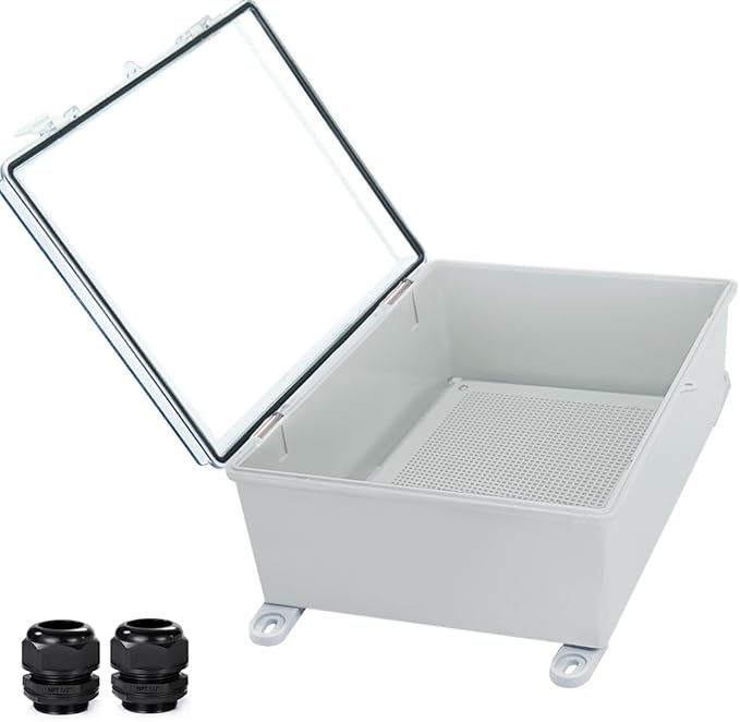 Waterproof Outdoor Electrical Box Junction Box Weatherproof IP67 ABS Plastic Enclosure Switch Router Project Box with Mounting Plate with Wall Bracket 2 Cable Glands Clear 15.4"x11.4"x6.3"