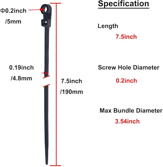 HS Plastic Ties with Screw Holes (100 Pack) 7.5 Inch Mount Head Electrical Zip Ties 50 LBS,UV Black