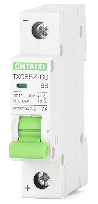 12V-110V DC Miniature Circuit Breaker, 6 Amp 1 Pole Battery Breaker Protector for Solar PV System and RV, Thermal Magnetic Trip, DIN-Rail/Surface Mount, Chtaixi DC Disconnect Switch B6