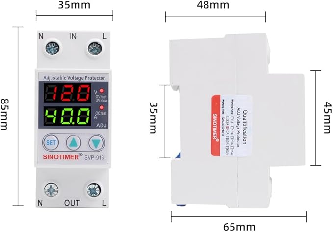 Adjustable Voltage Protector SINOTIMER Surge Protective Relay with 2 LED Displays Overvoltage and Undervoltage Current Limit Devices, 40A Load(Economical), Used in AC120V Residential
