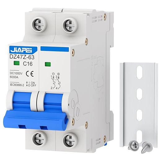 DC Miniature Circuit Breaker, 1000V 2 Pole 16 Amp Isolator for Solar PV System, Thermal Magnetic Trip DIN Rail Mount, C16 DC Disconnect Switch