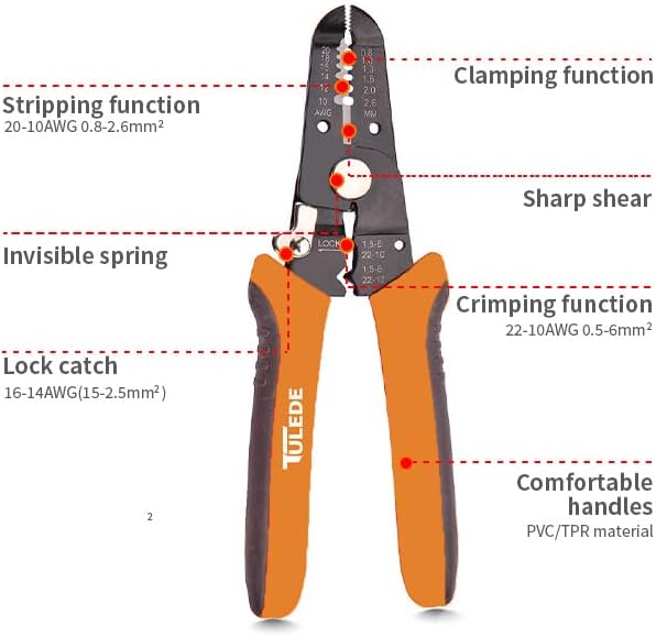 3 in 1 Wire Stripper Tool, 7.5 Inch Wire Stripper/Cutter/Crimping Tool for 10-20 AWG Solid and Stranded Wires, Come with Safety Lock & Invisible Spring, Made of 65Mn for Durability